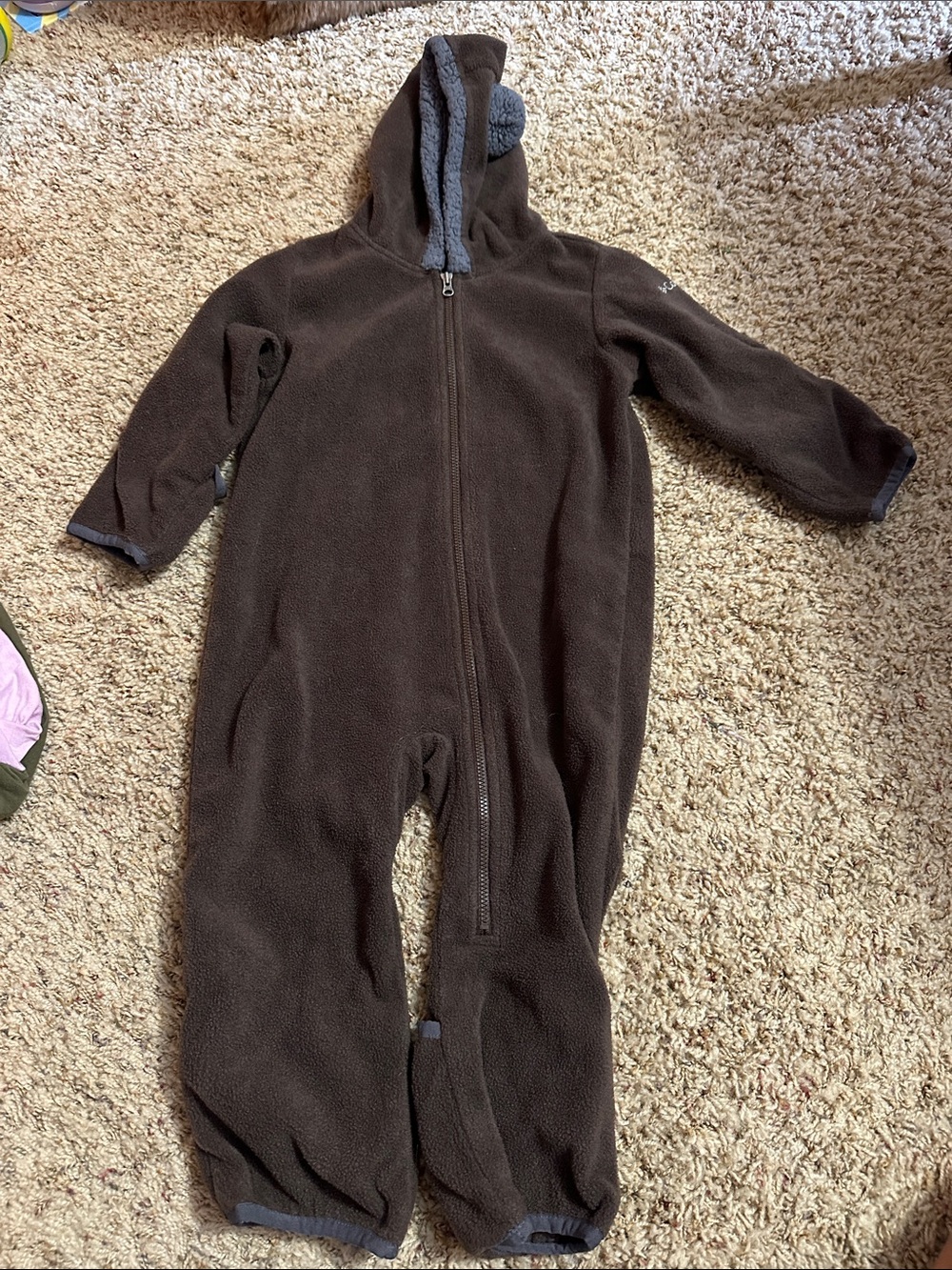 Columbia Brown Fleece Hooded Kids One-Piece Footie size 28-24 mos.